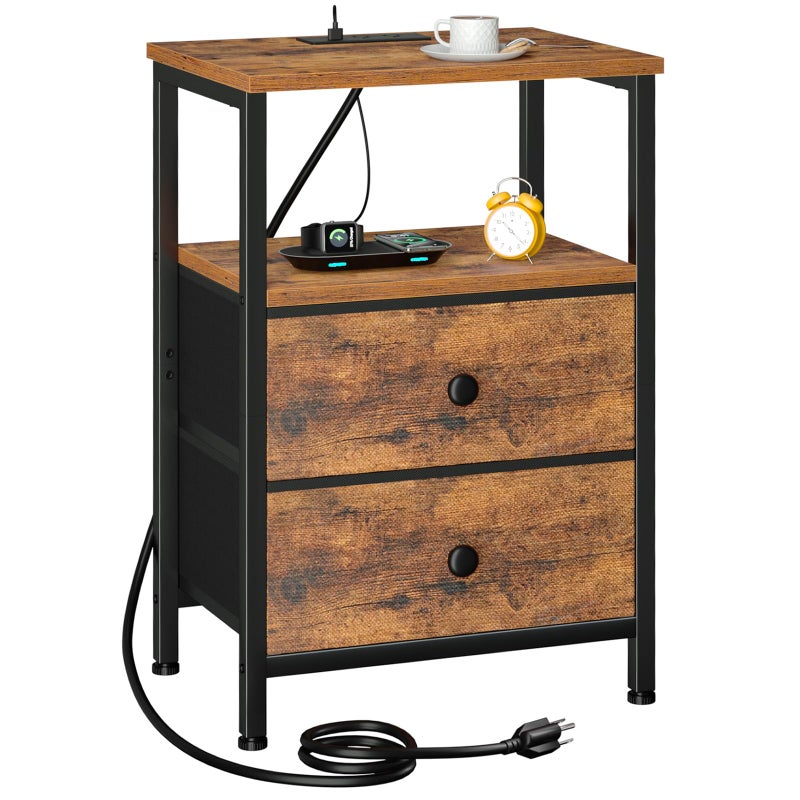 LOAKEKEL Night Stand with Charging Station, Small Bedside Table with 2 Fabric Drawers, Nightstand with USB Ports & Outlets for Bedroom, Brown, HETS020BR-1 - Image 1