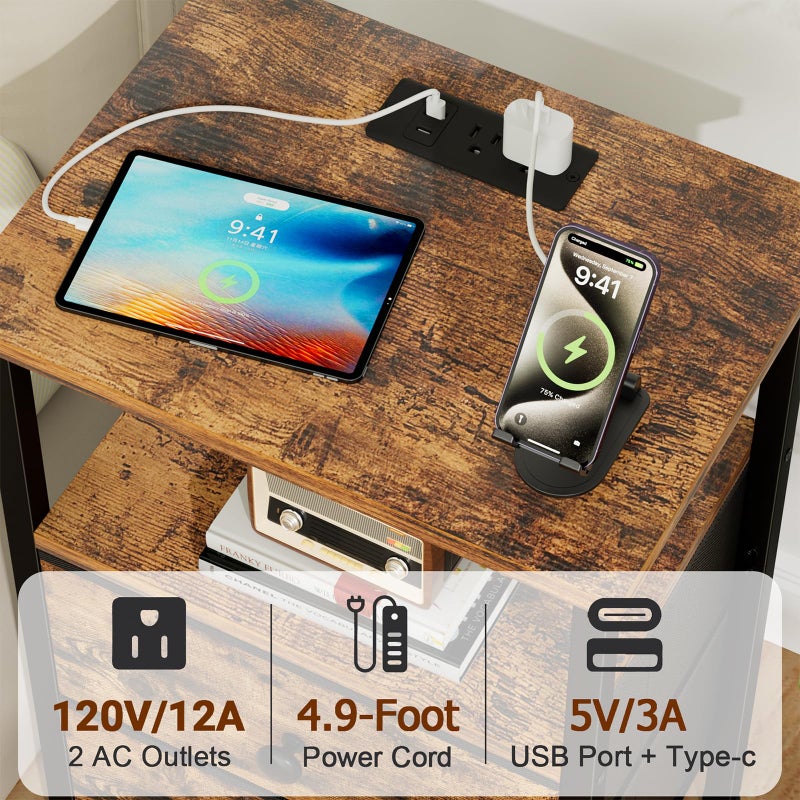 LOAKEKEL Night Stand with Charging Station, Small Bedside Table with 2 Fabric Drawers, Nightstand with USB Ports & Outlets for Bedroom, Brown, HETS020BR-1 - Image 3