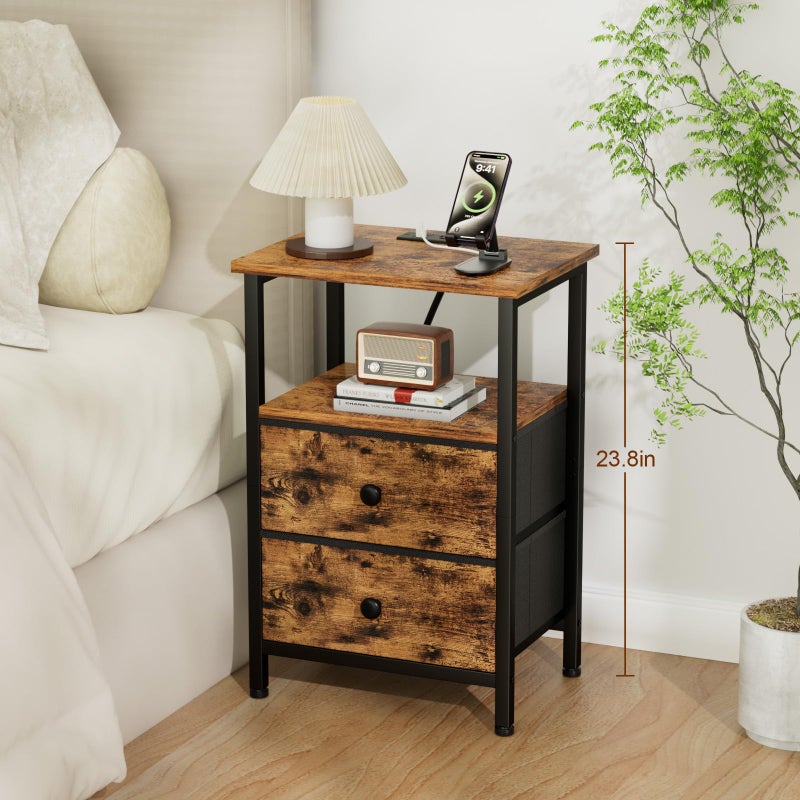 LOAKEKEL Night Stand with Charging Station, Small Bedside Table with 2 Fabric Drawers, Nightstand with USB Ports & Outlets for Bedroom, Brown, HETS020BR-1 - Image 2