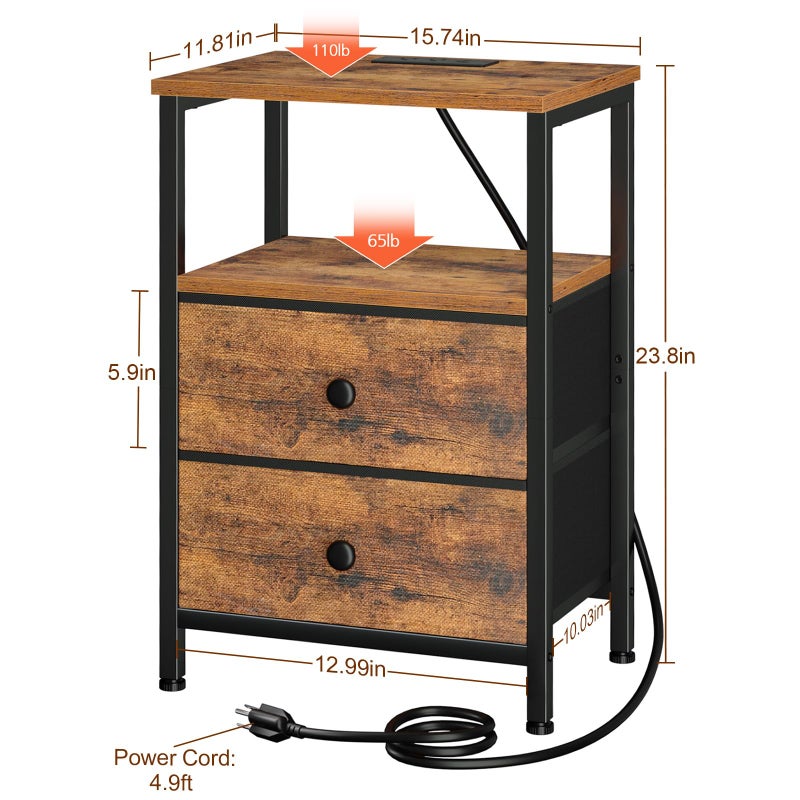 LOAKEKEL Night Stand with Charging Station, Small Bedside Table with 2 Fabric Drawers, Nightstand with USB Ports & Outlets for Bedroom, Brown, HETS020BR-1 - Image 5