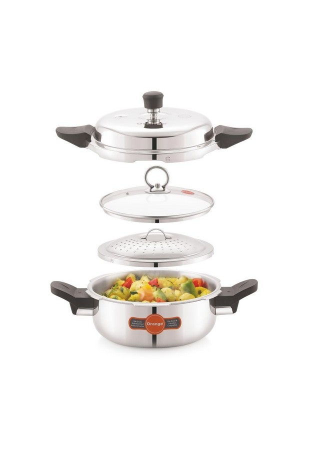 Orange طباخ ضغط يدوي من الفولاذ المقاوم للصدأ ثلاثي الطبقات بغطاء خارجي برتقالي سعة 3.5 لتر مع 3 أغطية مختلفة (غطاء ضغط، غطاء تقديم، مصفاة) | مناسب للطهي بالحث | ضمان 5 سنوات | فضي - Image 1