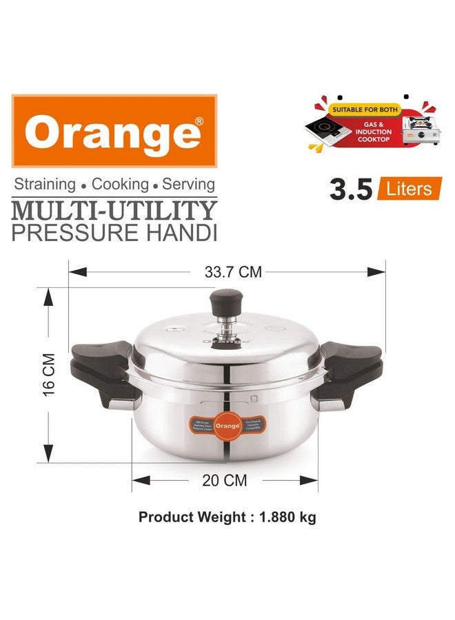 Orange طباخ ضغط يدوي من الفولاذ المقاوم للصدأ ثلاثي الطبقات بغطاء خارجي برتقالي سعة 3.5 لتر مع 3 أغطية مختلفة (غطاء ضغط، غطاء تقديم، مصفاة) | مناسب للطهي بالحث | ضمان 5 سنوات | فضي - Image 3