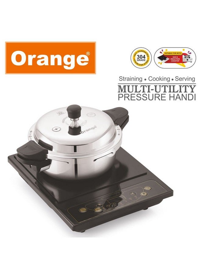 Orange طباخ ضغط يدوي من الفولاذ المقاوم للصدأ ثلاثي الطبقات بغطاء خارجي برتقالي سعة 3.5 لتر مع 3 أغطية مختلفة (غطاء ضغط، غطاء تقديم، مصفاة) | مناسب للطهي بالحث | ضمان 5 سنوات | فضي - Image 2