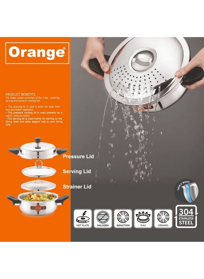 Orange طباخ ضغط يدوي من الفولاذ المقاوم للصدأ ثلاثي الطبقات بغطاء خارجي برتقالي سعة 3.5 لتر مع 3 أغطية مختلفة (غطاء ضغط، غطاء تقديم، مصفاة) | مناسب للطهي بالحث | ضمان 5 سنوات | فضي - Image 5