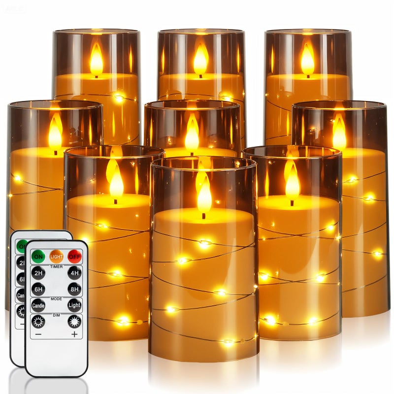 Homemory 9 Pcs Flameless Candles with Embedded Star String Fairy Lights Battery Operated Candles LED Fake Candles with Remote Control and Timer Gray Acrylic - Image 2