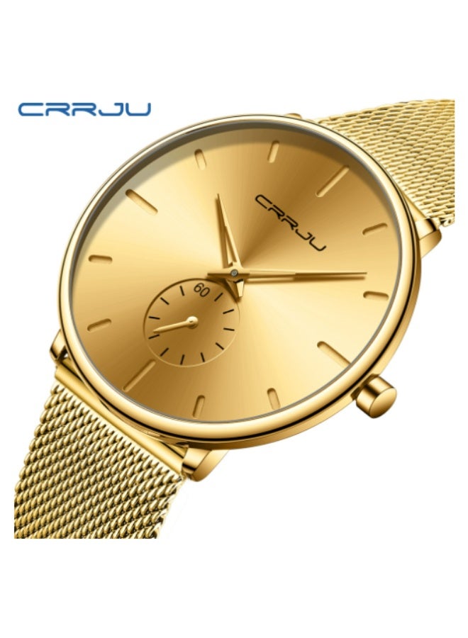 كرجو ساعة يد CRRJU لون ذهبي فائقة النحافة فاخرة للنساء ، ساعة مقاومة للماء مع سوار شبكي - ذهبي عقارب بلون ذهبي - Image 4