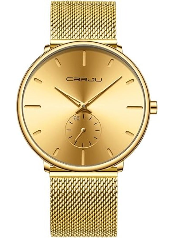 كرجو ساعة يد CRRJU لون ذهبي فائقة النحافة فاخرة للنساء ، ساعة مقاومة للماء مع سوار شبكي - ذهبي عقارب بلون ذهبي - Image 1