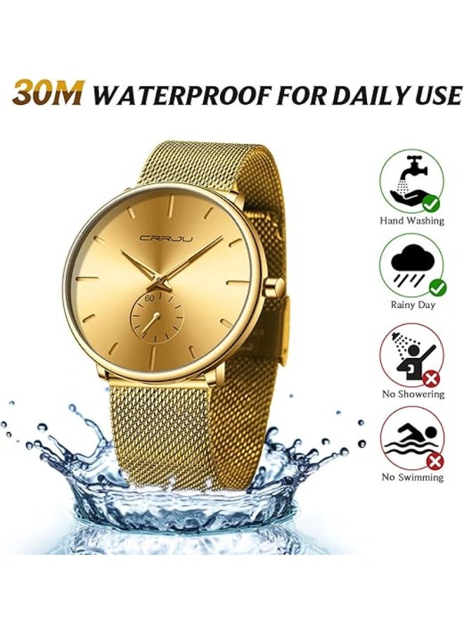 كرجو ساعة يد CRRJU لون ذهبي فائقة النحافة فاخرة للنساء ، ساعة مقاومة للماء مع سوار شبكي - ذهبي عقارب بلون ذهبي - Image 2