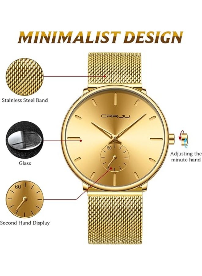 كرجو ساعة يد CRRJU لون ذهبي فائقة النحافة فاخرة للنساء ، ساعة مقاومة للماء مع سوار شبكي - ذهبي عقارب بلون ذهبي - Image 3