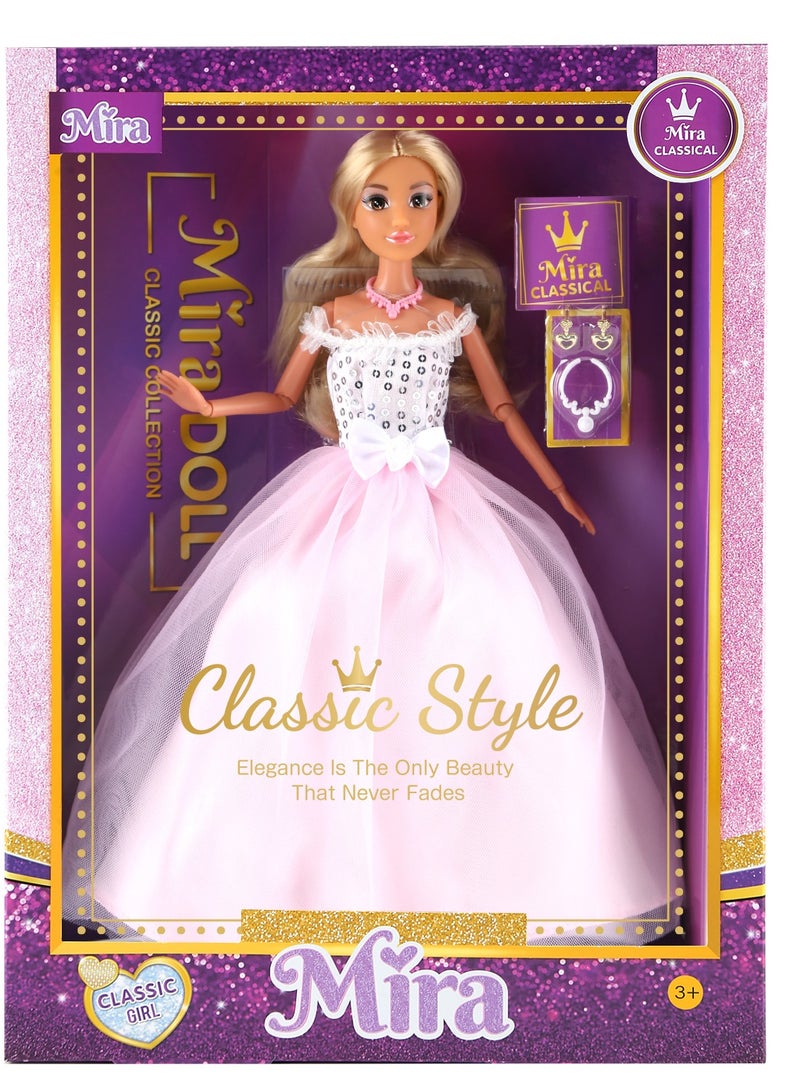 ميرا دمية ميرا فاشن الكلاسيكية – دمية متحركة 11.5 إنش بفستان أبيض أنيق وإكسسوارات – مظهر أميرة راقٍ – هدية مثالية للبنات العاب بنات - Image 1