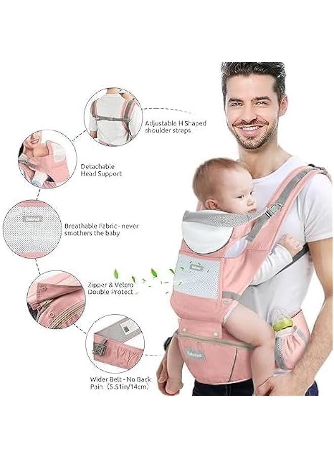HOOKOR Baby Carrier with Hip Seat, Baby Backpack Carrier,Ergonomic Baby Strap Waist Stool Lumbar Support,Multi-Position Front and Back Breathable Carrier Slings for Newborn, Infant & Toddlers (Pink)  - Image 5