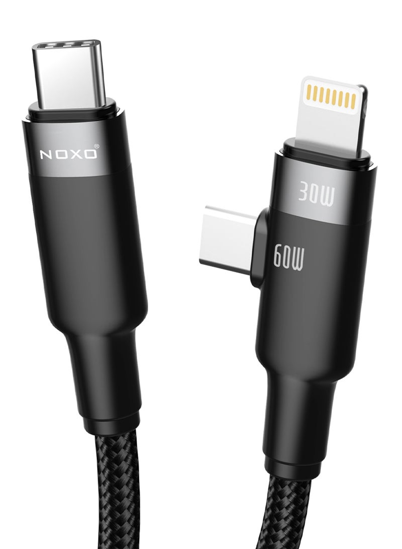 NOXO CN5 2-in-1 USB-C to USB-C + Lightning Charging Cable – 60W PD + 30W Fast Charging, Braided Nylon - Black - Image 2
