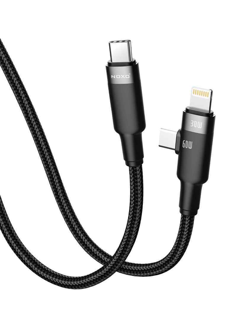 NOXO CN5 2-in-1 USB-C to USB-C + Lightning Charging Cable – 60W PD + 30W Fast Charging, Braided Nylon - Black - Image 3