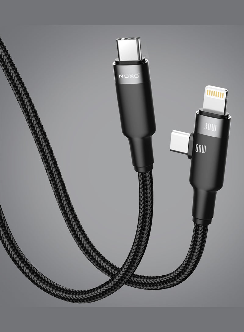 NOXO CN5 2-in-1 USB-C to USB-C + Lightning Charging Cable – 60W PD + 30W Fast Charging, Braided Nylon - Black - Image 1