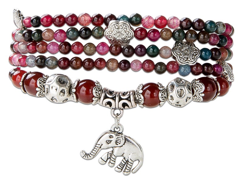 SPUNKYsoul Good Luck Elephant Natural Garnet & Agate Stretch Wrap Bracelet Mala Collection - Image 1