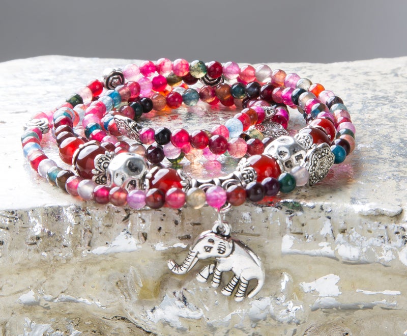SPUNKYsoul Good Luck Elephant Natural Garnet & Agate Stretch Wrap Bracelet Mala Collection - Image 3