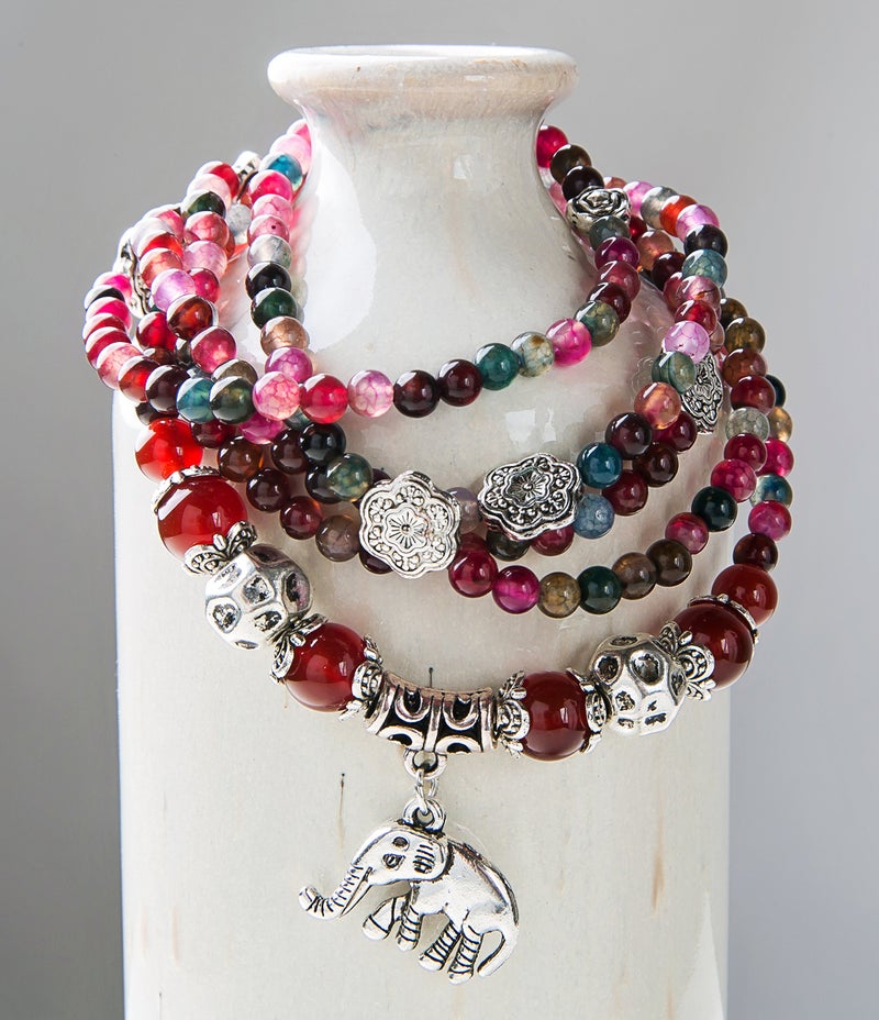 SPUNKYsoul Good Luck Elephant Natural Garnet & Agate Stretch Wrap Bracelet Mala Collection - Image 4