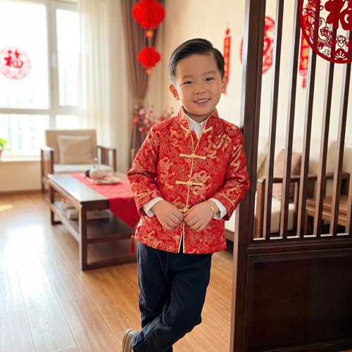 Noubeau Boy Tang Suit Dragon Long Sleeve Shirt Chinese New Year outfit Chinese Traditional Clothes for Kids Winter Jackets CoatRed68 Years - Image 5