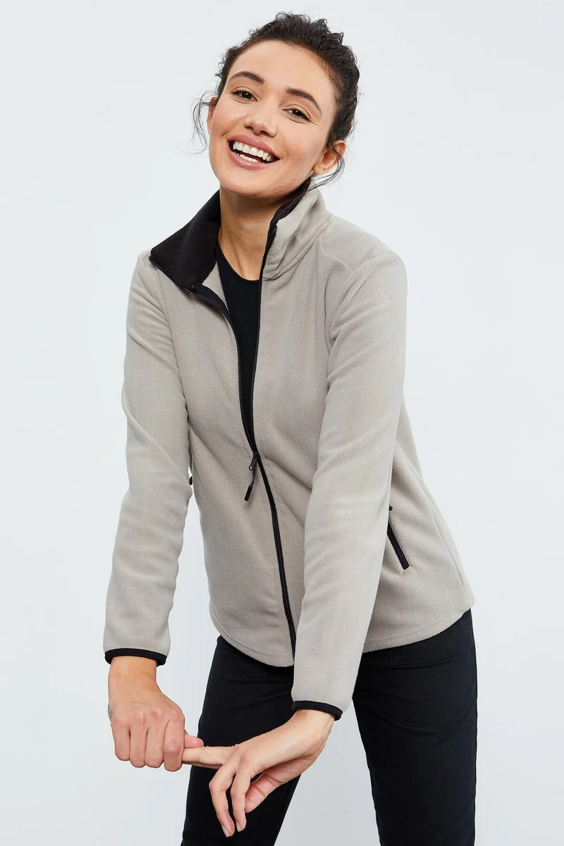 تومي لايف Dark Beige Stand Collar Zippered Comfortable Form Women's Polar Fleece Sweatshirt - 97173