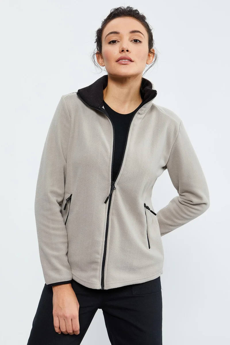 تومي لايف Dark Beige Stand Collar Zippered Comfortable Form Women's Polar Fleece Sweatshirt - 97173