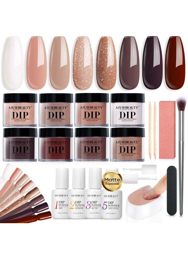 AZUREBEAUTY Dip Nails Powder Starter Kit Nude Brown Giltter Shimmer 8 Colors Set With Nail Sticks Nail Art Base Glossymatte Top Coat Activator Essential Liquid Manicure Diy Salon 30 Pcs  - Image 1