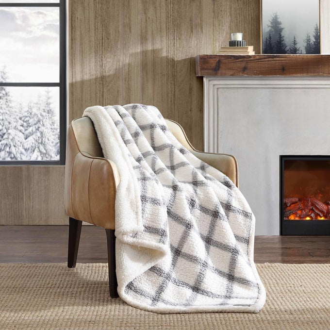 THROW BLANKET ULTRASOFT PLUSH BEDDING WITH FAUX SHEARLING REVERSE BLANKET FOR COUCH BED BUNKHOUSE PLAID GREY 50 X 60