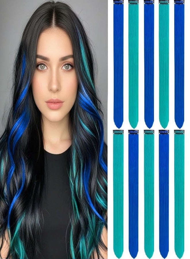 LADYAMZ Colored Hair Extensions 10 PCS, Teal and Blue Clip in Hair Extensions Party Highlights, Colorful Synthetic Hairpieces for Girls Women Kids Gifts Blue Teal Hair Accessories(22 In) - Image 1