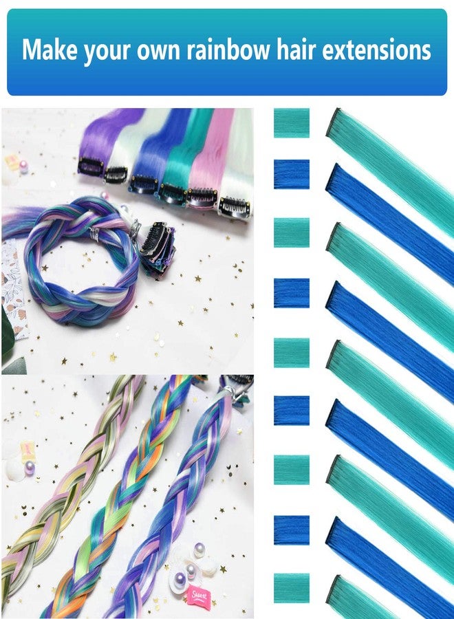 LADYAMZ Colored Hair Extensions 10 PCS, Teal and Blue Clip in Hair Extensions Party Highlights, Colorful Synthetic Hairpieces for Girls Women Kids Gifts Blue Teal Hair Accessories(22 In) - Image 2