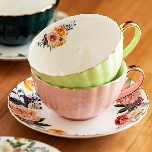 ONEUSTAR Tea Cup and Saucer Set for 2 Bone China English Tea Cup Floral Teacups Coffee Latte Mugs for Mother's Day Women Birthday Party Gifts, 8 Oz - Image 3