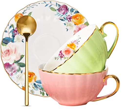 ONEUSTAR Tea Cup and Saucer Set for 2 Bone China English Tea Cup Floral Teacups Coffee Latte Mugs for Mother's Day Women Birthday Party Gifts, 8 Oz - Image 1