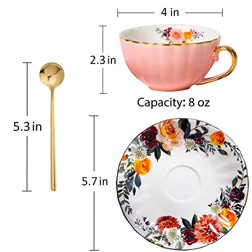 ONEUSTAR Tea Cup and Saucer Set for 2 Bone China English Tea Cup Floral Teacups Coffee Latte Mugs for Mother's Day Women Birthday Party Gifts, 8 Oz - Image 5