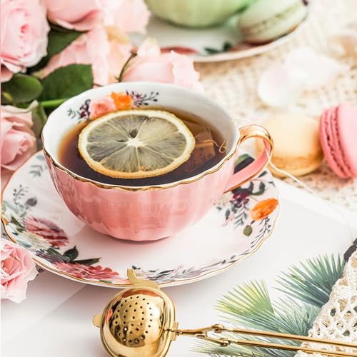 ONEUSTAR Tea Cup and Saucer Set for 2 Bone China English Tea Cup Floral Teacups Coffee Latte Mugs for Mother's Day Women Birthday Party Gifts, 8 Oz - Image 4