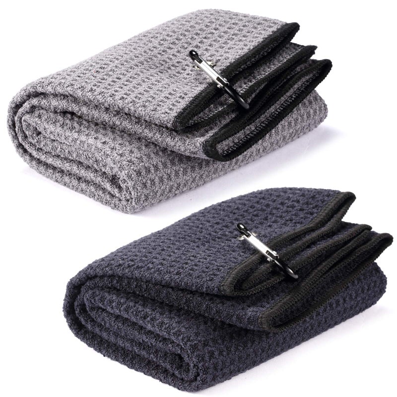 Fpxnb 2 Pack 16 x 24 Trifold Golf Towel Set Microfiber Fabric Waffle Pattern Towels Heavy Duty Carabiner Clip 2 Pcs 2 Colors
