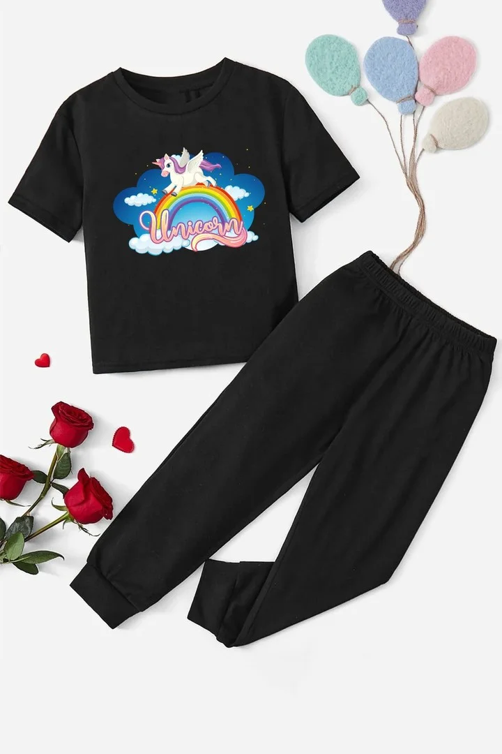 ONLYTRENDWEAR Kids Unicorn Bottom - Top Tracksuit Set 3-4 Years Old Black