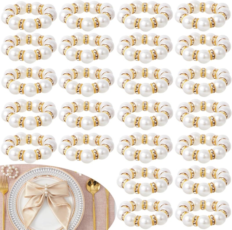 مجموعة حلقات مناديل APTWOW من اللؤلؤ والذهبي، 24 قطعة - حامل مناديل من اللؤلؤ الصناعي، حلقات مناديل بيضاء وذهبية للاستخدام مرة واحدة، كمية كبيرة، مثالية لحفلات الزفاف وأعياد الميلاد وتزيين طاولات الولائم والاستخدام اليومي