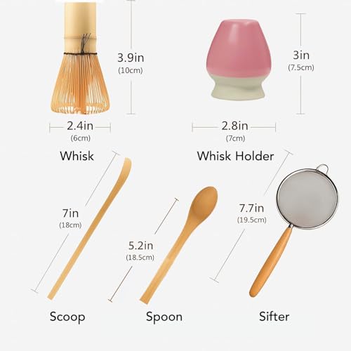Soko Matcha Whisk Set of 5 | Japanese Handmade Bamboo Chasen Whisk, Scoop, Spoon, Sifter & Ceramic Holder | Traditional Green Tea Ceremony Kit for Home, Kitchen & Handcrafted Tea Tools - Pink - Image 2