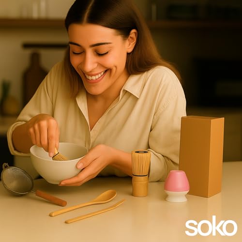 Soko Matcha Whisk Set of 5 | Japanese Handmade Bamboo Chasen Whisk, Scoop, Spoon, Sifter & Ceramic Holder | Traditional Green Tea Ceremony Kit for Home, Kitchen & Handcrafted Tea Tools - Pink - Image 4