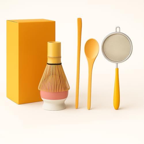 Soko Matcha Whisk Set of 5 | Japanese Handmade Bamboo Chasen Whisk, Scoop, Spoon, Sifter & Ceramic Holder | Traditional Green Tea Ceremony Kit for Home, Kitchen & Handcrafted Tea Tools - Pink - Image 1