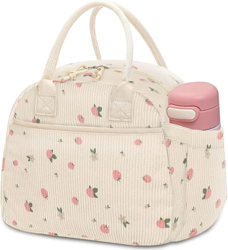 Carry bloom Lunch Box for Women Insulated Lunch Bag Cute Corduroy Lunchbag Reusable Lunchbox for Work 2 strawberry - Image 1
