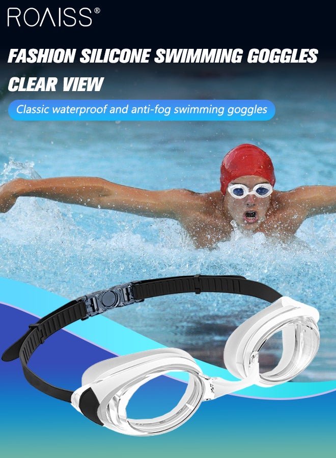 رويس نظارة السباحة للبالغين مع حشية سيليكون ناعمة، نظارات حمام السباحة ذات رؤية واضحة لا تسرب مضادة للضباب للرجال والنساء أبيض وأسود - Image 1