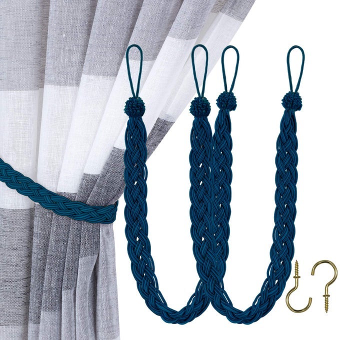 HAND BRAIDED CURTAIN TIE BACK BUCKLE HOLDBACK DRAPERY CURTAIN TIEBACKS 2 ROPE BELT CURTAIN TIE WITH 2 METAL HOOKS NAVY