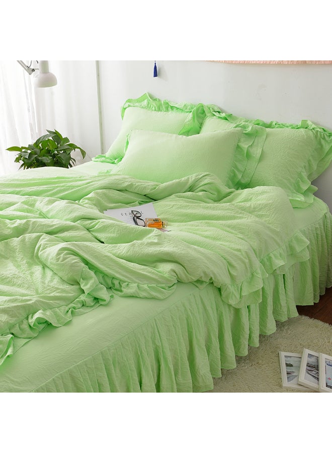 Generic # 7N Washed Cotton Quilt Cover Single Piece Three Four Pieces Solid Color Single Dormitory Double 1.8x 2.2 Pure Cotton Quilt Cover-Color:Washed Cotton Pure Green [class A Maternal And Infant Grade Fabric, Super Soft And Soft]-Specifications:1.5m Bed Skirt Four-piece Set (quilt Cover 1.5*2.0) - Image 1