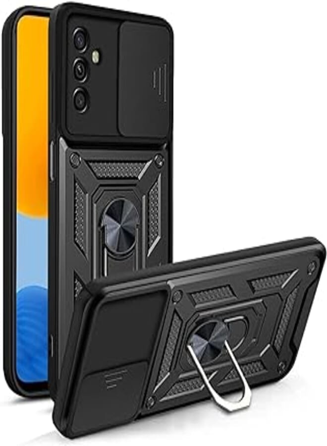 Compatible With Samsung Galaxy A55 Case Cover with Camera Sliding Cover Built-in 360 Rotating Ring Holder Kickstand Shockproof Cell Phone Case for Samsung galaxy A55 5G/Samsung A55 By Grabist (Black) 
