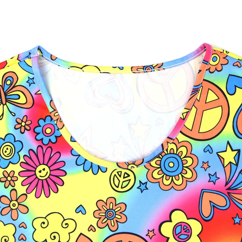 Bopika 60s 70s Hippie Disco Dress Costume Women's Retro Disco Outfit Women Halloween Floral Dresses(Yellow-L) - Image 2