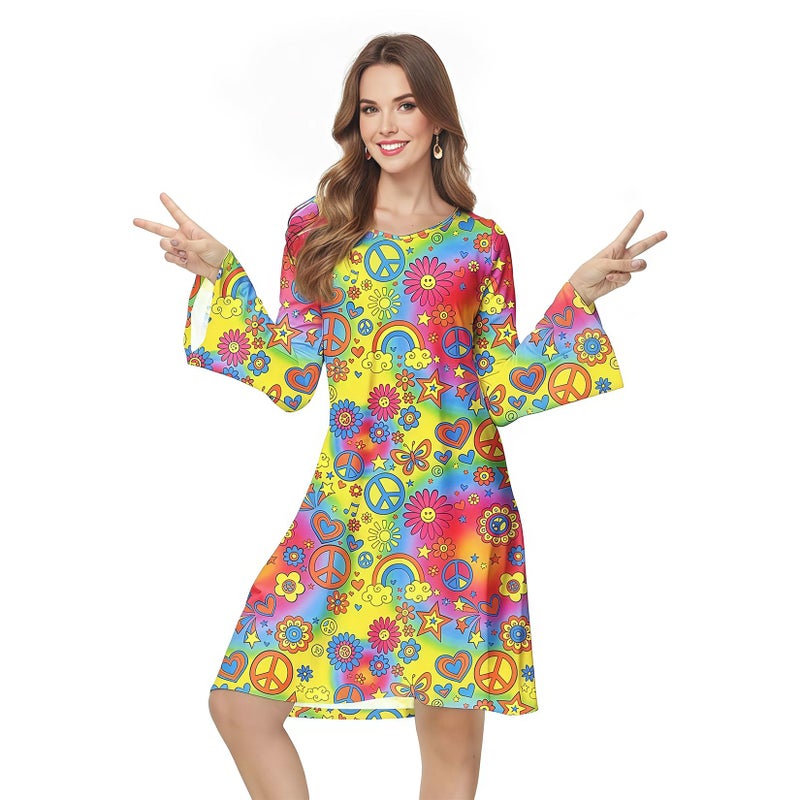 Bopika 60s 70s Hippie Disco Dress Costume Women's Retro Disco Outfit Women Halloween Floral Dresses(Yellow-L) - Image 1