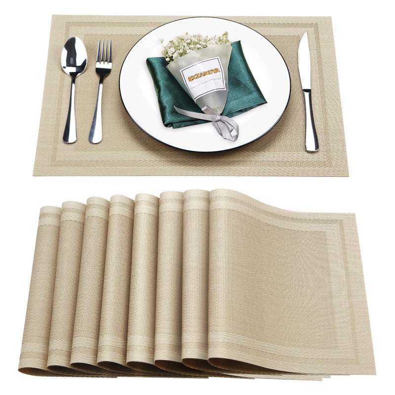 Bxzandya Placemats Set of 8,Washable,Heat and Stain Resistant Indoor/Outdoor Place mats,Vinyl Woven Non Slip Table Mats for Restaurant Table Protection,PVC Placemats(Beige,8PCS) - Image 1