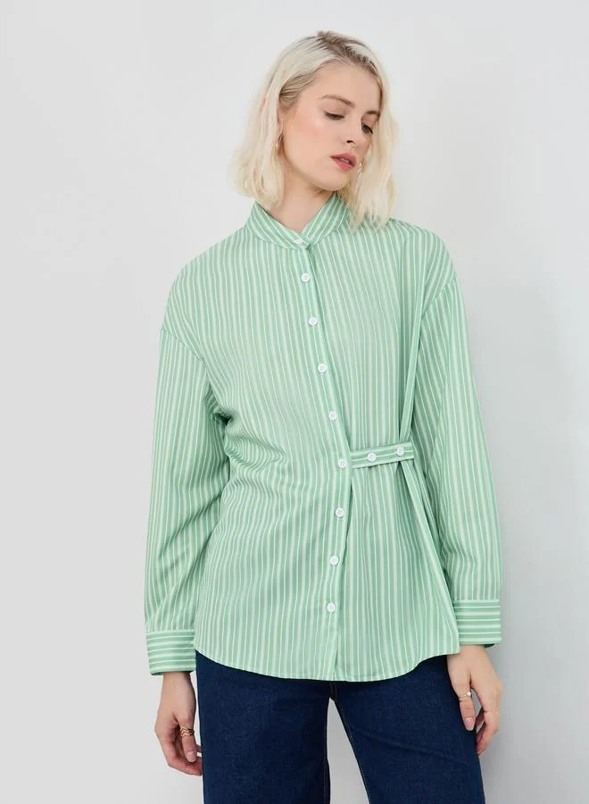 تايك تو Take Two Stripes Mandarin Collar Buttoned Blouse