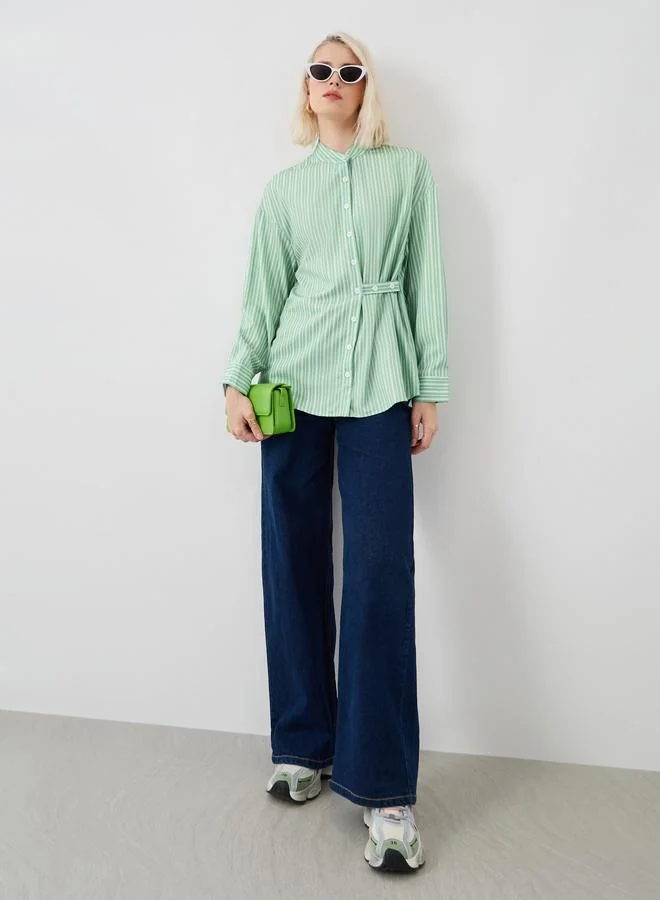 تايك تو Take Two Stripes Mandarin Collar Buttoned Blouse