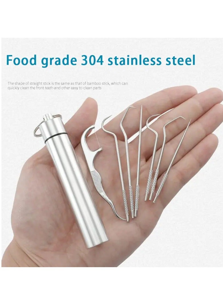 أوريتي 7pcs مجموعة خيط الأسنان، مجموعة اختيار الأسنان من الفولاذ المقاوم للصدأ، خيط الأسنان التنظيف العميق، خيط الأسنان الصحي المحمول مع حامل للسفر اليومي - Image 2