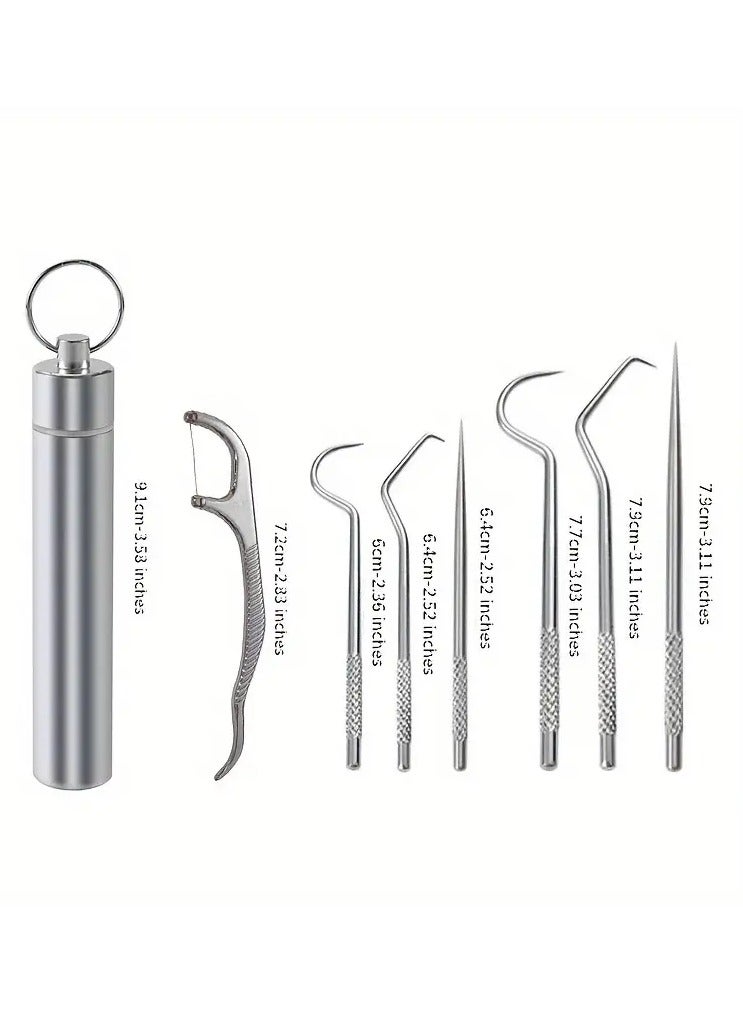 أوريتي 7pcs مجموعة خيط الأسنان، مجموعة اختيار الأسنان من الفولاذ المقاوم للصدأ، خيط الأسنان التنظيف العميق، خيط الأسنان الصحي المحمول مع حامل للسفر اليومي - Image 3